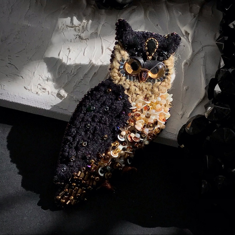 Owl Art Brooch Beaded Embroidered Pin Velvet Bird Statement Jewelry